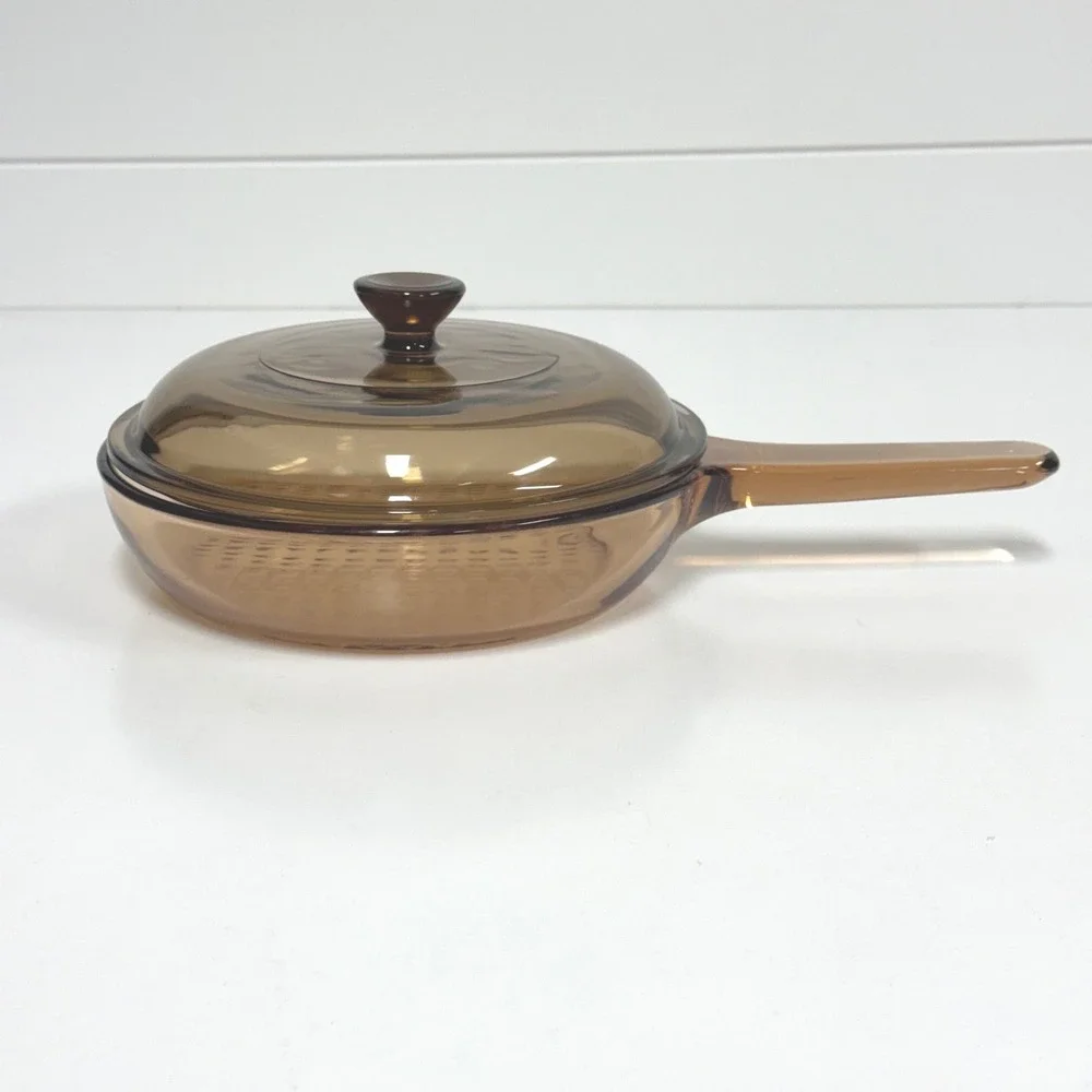 Vision Corning France Amber Glass Skillet Waffle Bottom with Lid 7 Inch Pan